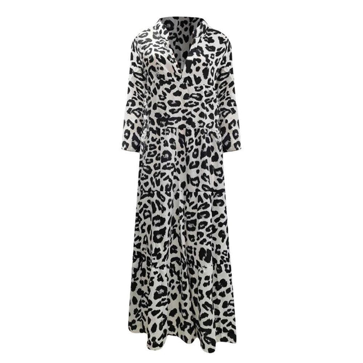 V-Neck Leopard Flare Sleeve Vintage Maxi Dress - Long Sleeve Smock Dress - MomyMall