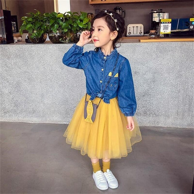 Girls Dress Denim Embroidered Tops+Tutu Skirt 2 Pcs 2-7Years