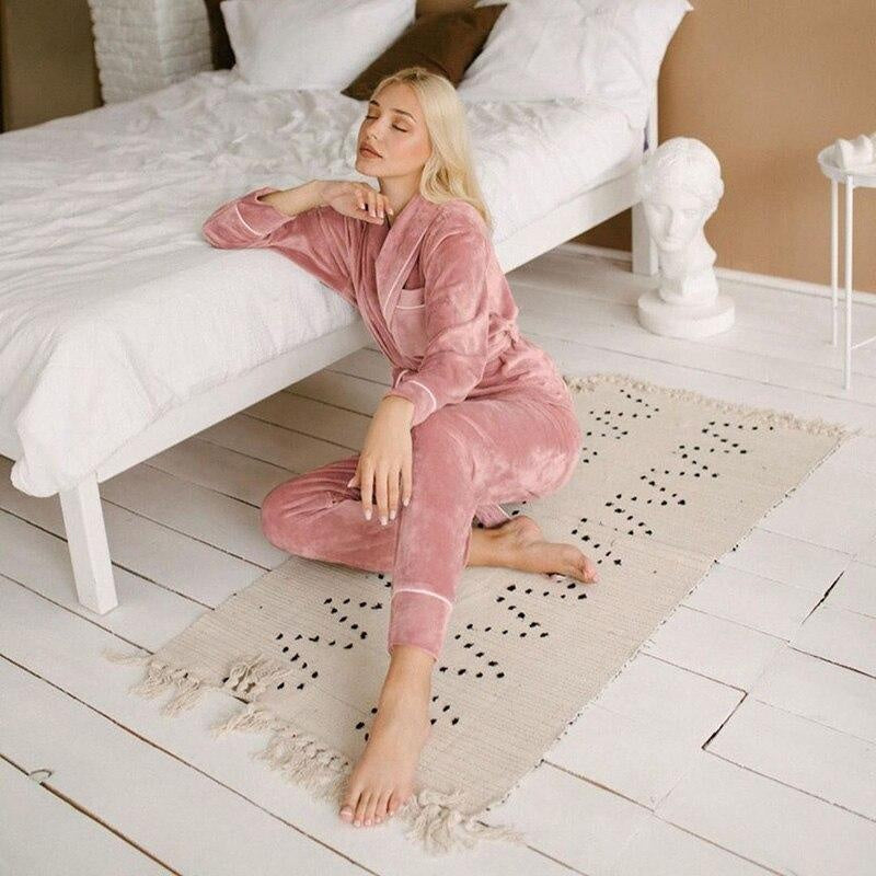 Velvet 2 Piece PJ Sleepwear Set With Self Tie Belt - MomyMall PINK / S