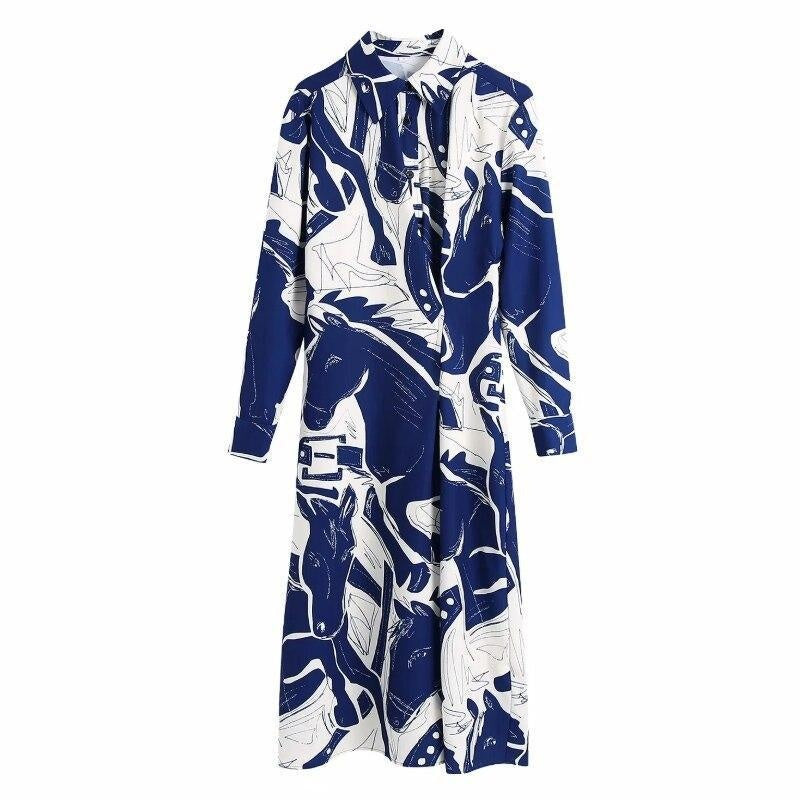 Printed Button Trough Long Sleeve Midi Dress