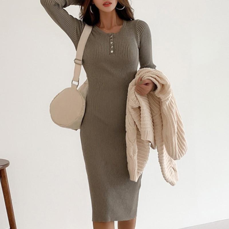 Rib Knit Bodycon Midi Dress - Long Sleeve Dress