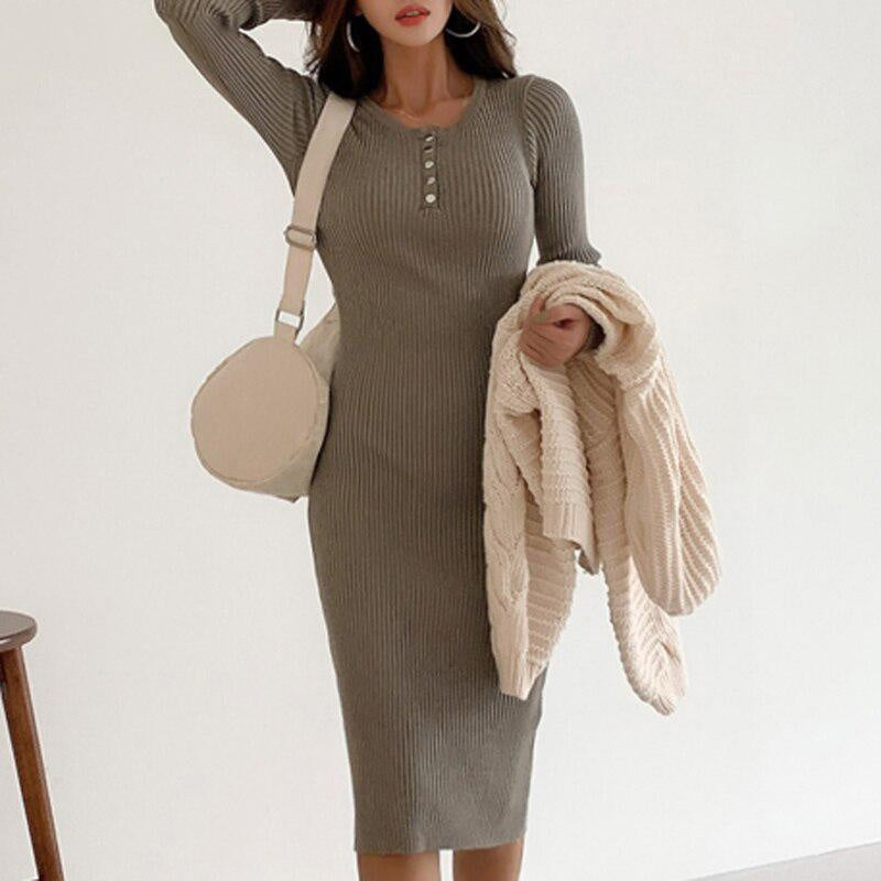 Button Up Knit Bodycon Midi Dress - MomyMall