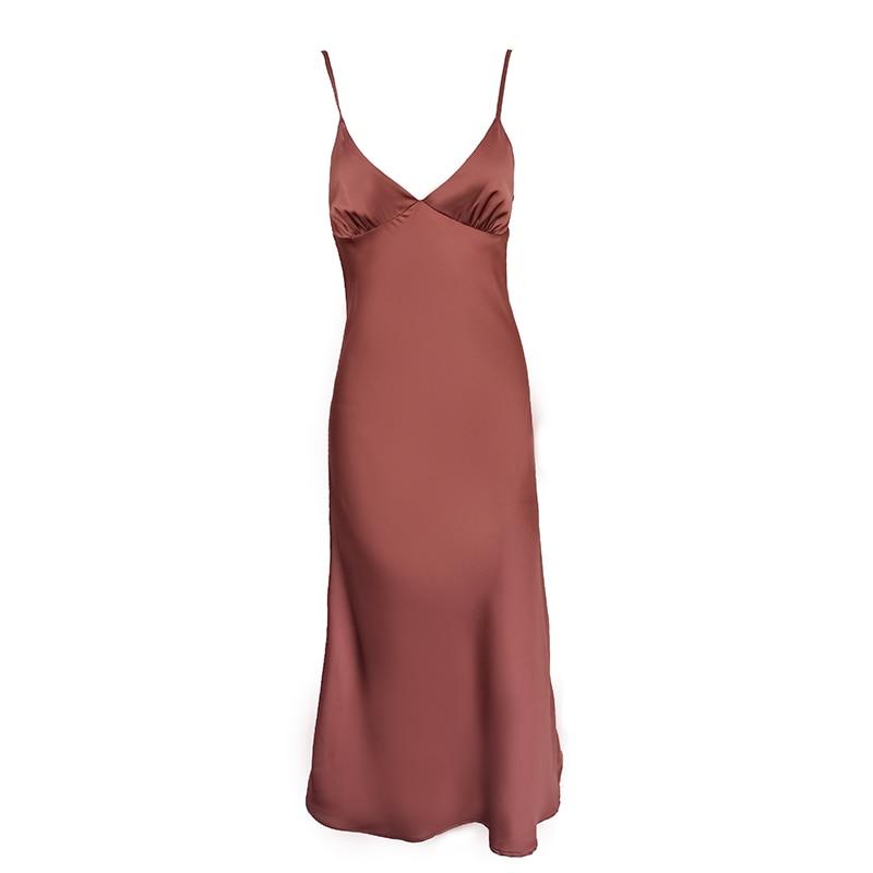 Satin V-Neck Midi Slip Dress - MomyMall BROWN / S