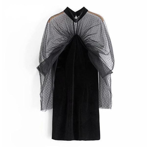 Long Sleeve Spliced Mesh Midi Dress - Sheer Puff Sleeve Midi Dress - MomyMall BLACK / XS