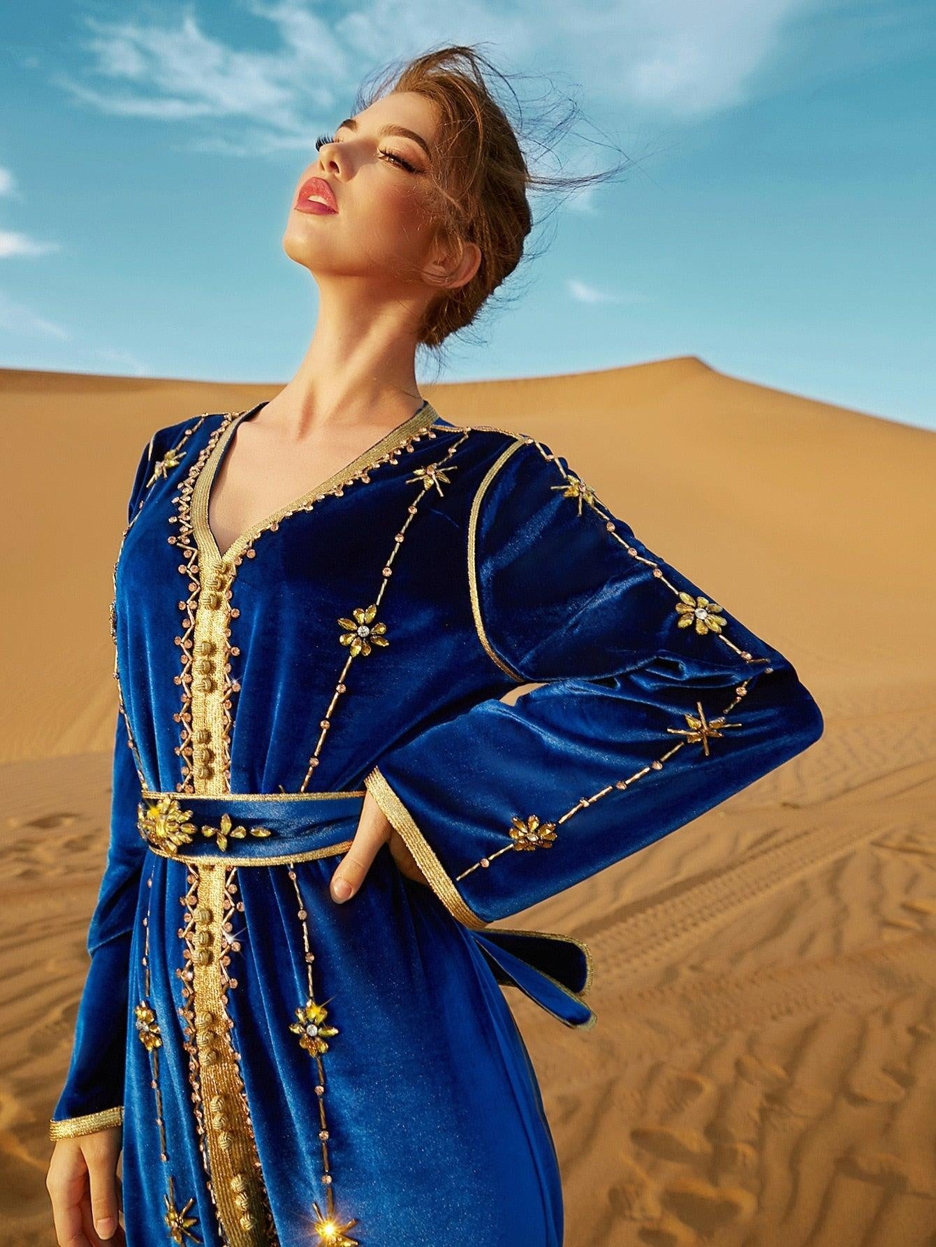 Luxury Morocco Caftan V Neck Long Royal Blue - MomyMall