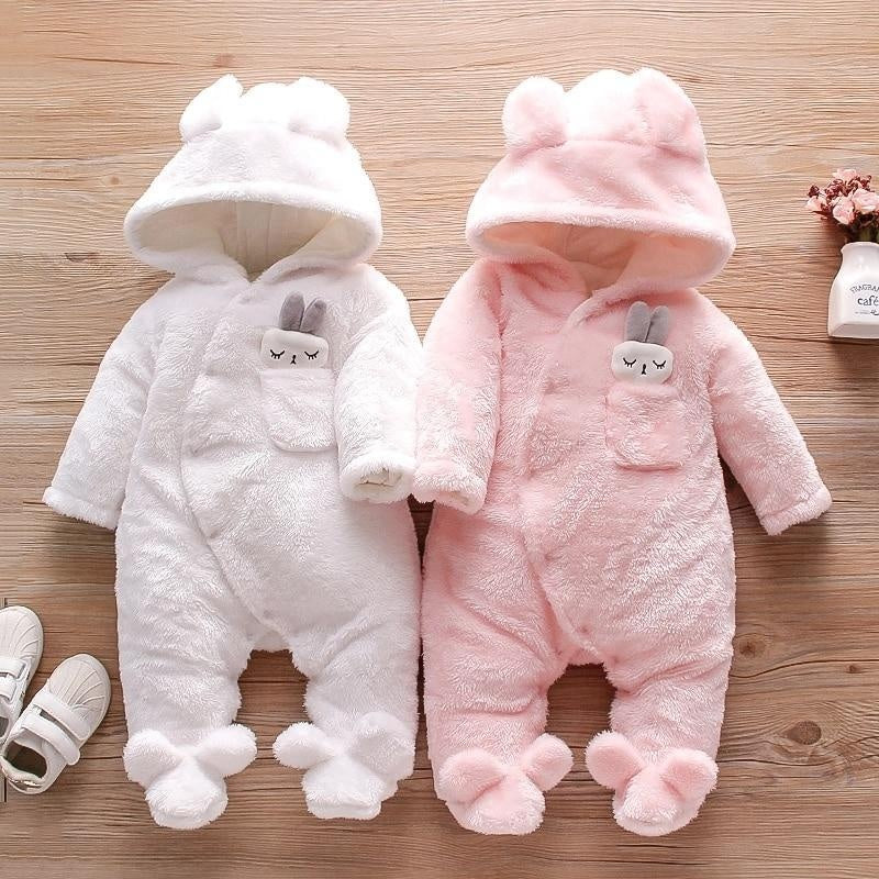 Winter Baby Solid Fleece Rabbit Hooded Jumpsuit Romper - MomyMall