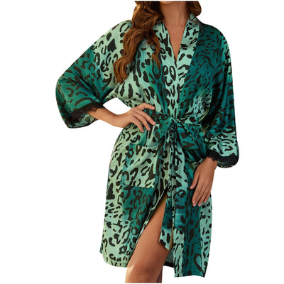 Satin Plus Size Printed Robe Mini Dress - MomyMall GREEN / S