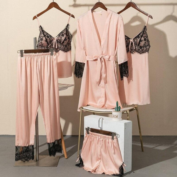 5 Piece Lace Trim Pyjama Set With Self Tie Robe - MomyMall