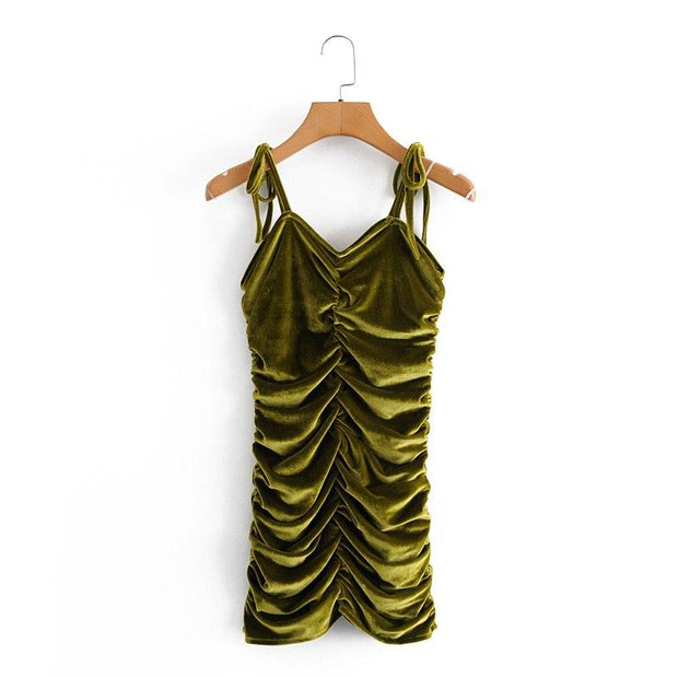 Tie Up Spaghetti Strap Bodycon Mini Dress - Ruched Velvet Mini Dress - MomyMall GREEN / S