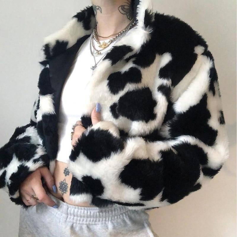 Faux Fur Cow Print Crop Coat