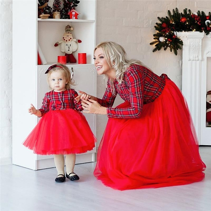 Autumn Mommy and Me Hot Bow Patchwork Tulle Dress Family Matching - MomyMall