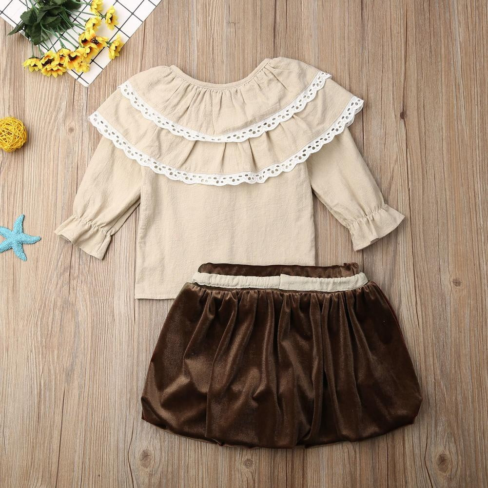 Girl Party Autumn Long Sleeve Ruffle Tops +Tutu Skirt 2 Pcs Outfits 1-6 Years - MomyMall