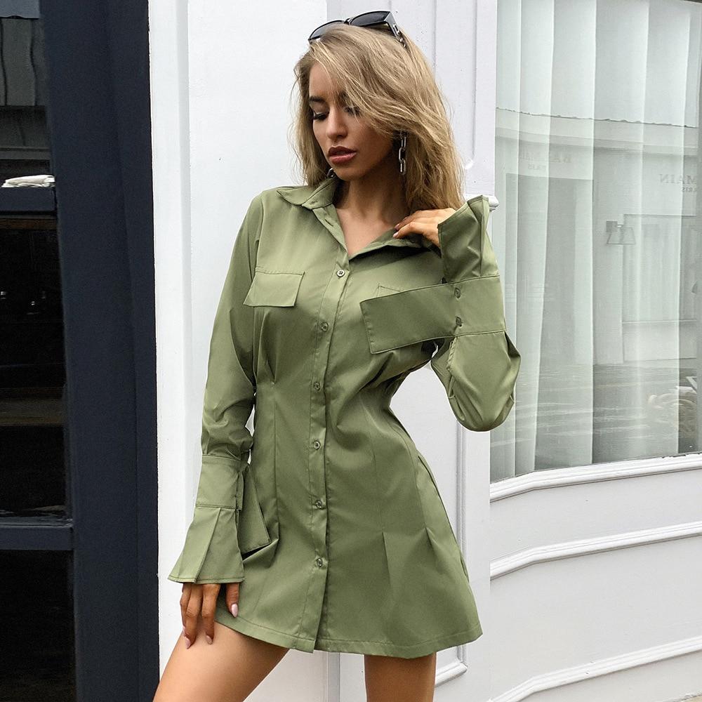 Button Through V-Neck Mini Shirt Dress - MomyMall GREEN / S