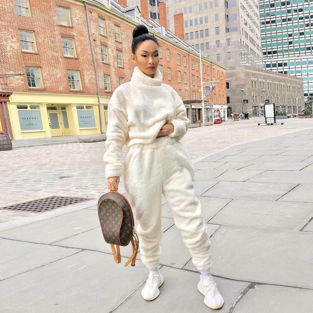 Two Piece Fleece Loungewear Set - Long Sleeve Turtleneck Tracksuit - MomyMall WHITE / S