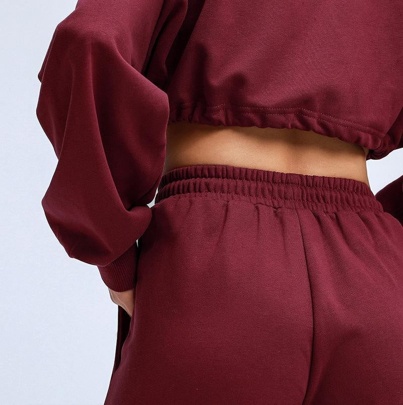 Long Sleeve Drawstring Hem Crop Top & High Waist Tracksuit - Basic Oversized Co-Ord