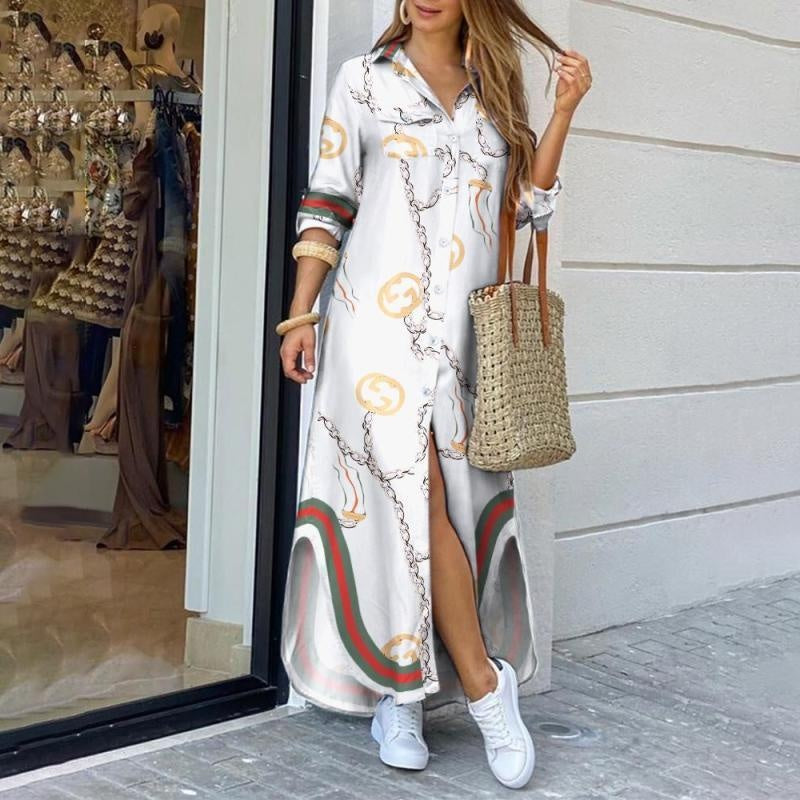 Split Hem Plus Size Long Sleeve Printed Maxi Shirt Dress