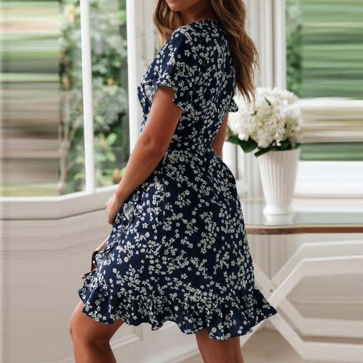 Floral Mini Wrap Dress - Short Sleeve Ruffle Dress - MomyMall