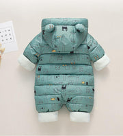 Newborn Infant Jumpsuit Warm Flannel Rompers Printed Hooded Outerwear - MomyMall