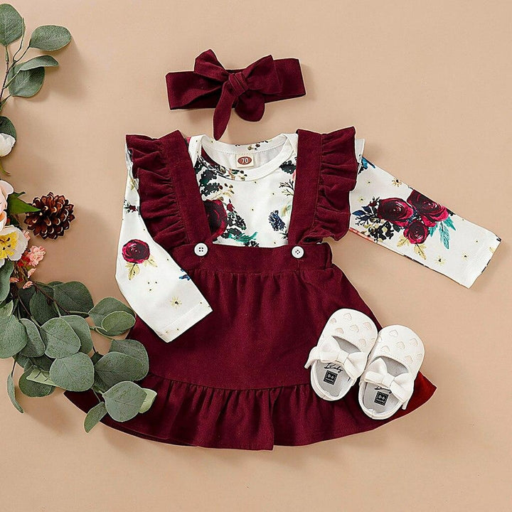 Sweet Baby Girl Long-Sleeve Floral Jumpsuit Dress Headband 3Pcs - MomyMall Red / 0-3 Months