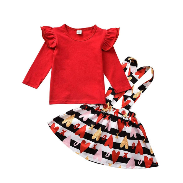 Baby Girls Long Sleeve Valentine Heart Print Tops+Suspender 2Pcs - MomyMall