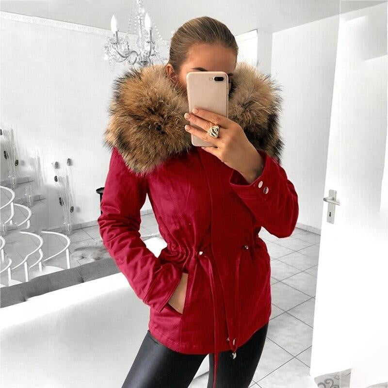 Big Faux Fur Trim Hooded Coat With Belt