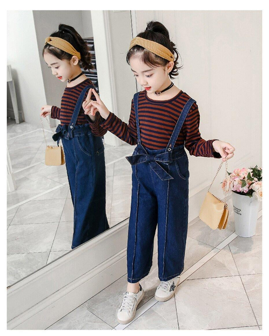 Girls Denim Bib Pants +Plaid Tops 2 Pcs Suits 3-16 Years