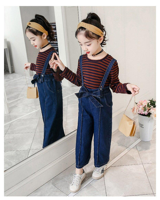 Girls Denim Bib Pants +Plaid Tops 2 Pcs Suits 3-16 Years