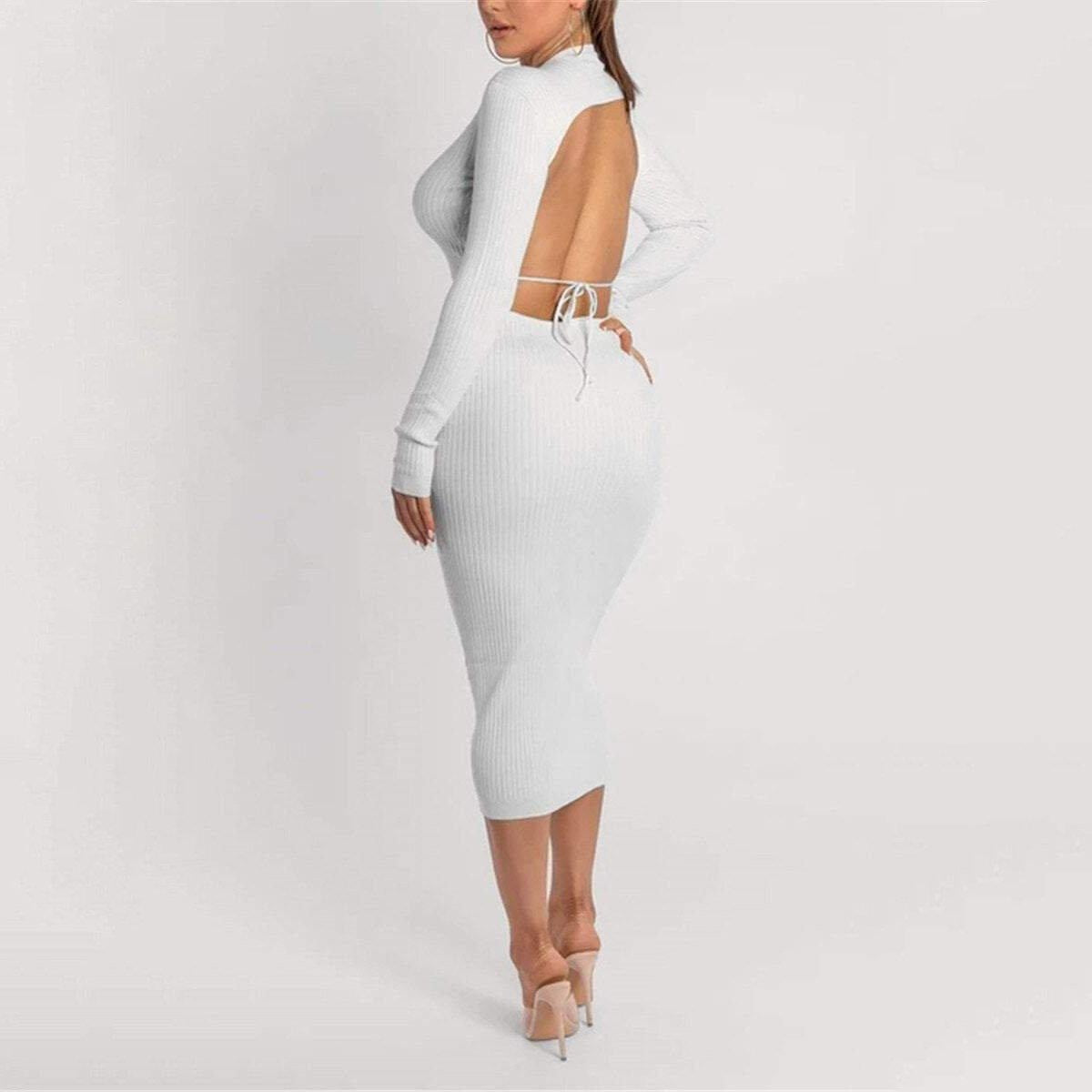 Ribbed Long Sleeve Hollow Out Bodycon Midi Dress - MomyMall