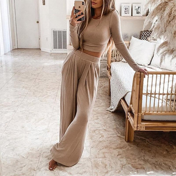 Ribbed Knit Two Piece Loungewear Set - MomyMall BROWN / S