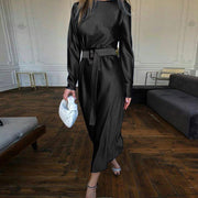 Long Sleeve Satin Midi Dress With Belt - Plus Size Satin Summer Dress - MomyMall BLACK / S