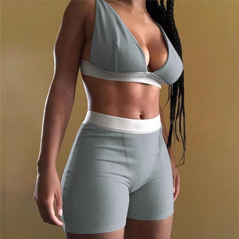 V-Neck Sleeveless Crop Top & High Waist Shorts Ribbed Tracksuit