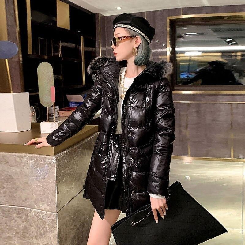 High Shine Drawstring Collar Parka Coat With Faux Fur Hood