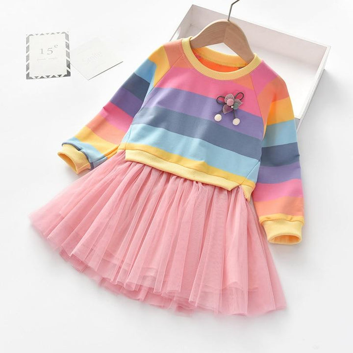 Baby Girls Autumn Casual Long Sleeve Rainbow Striped Patchwork Mesh Dresses 2-8 Years - MomyMall Pink / 2 to 3 Years Old