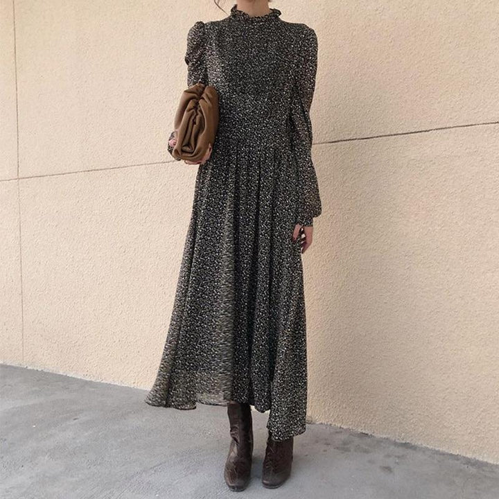 Elastic Waist Vintage Midi Dress - Puff Sleeve Printed Dress