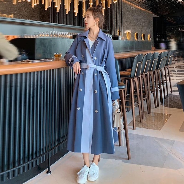 Belted Contrast Double-Breasted Long Trench Coat