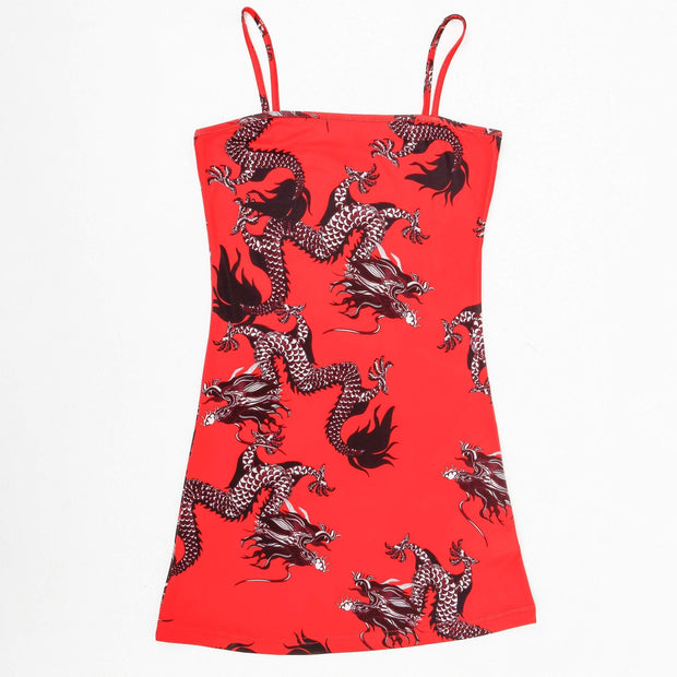 Spaghetti Strap Dragon Print Mini Dress - MomyMall RED / S / China