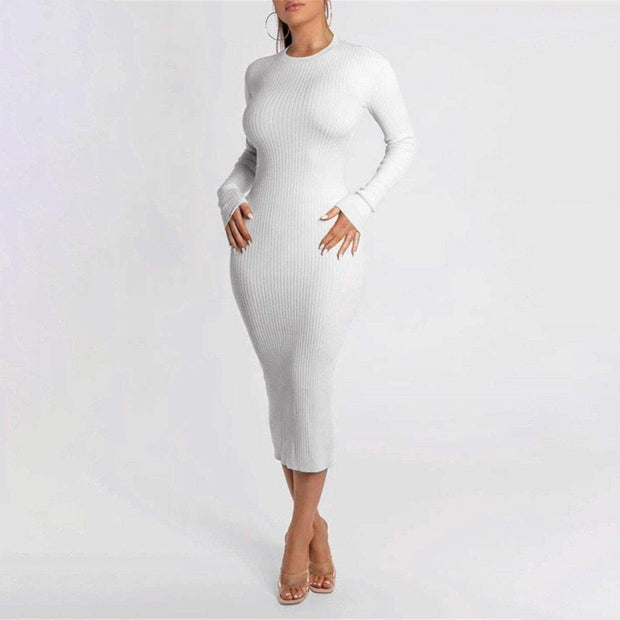 Ribbed Long Sleeve Hollow Out Bodycon Midi Dress - MomyMall WHITE / S