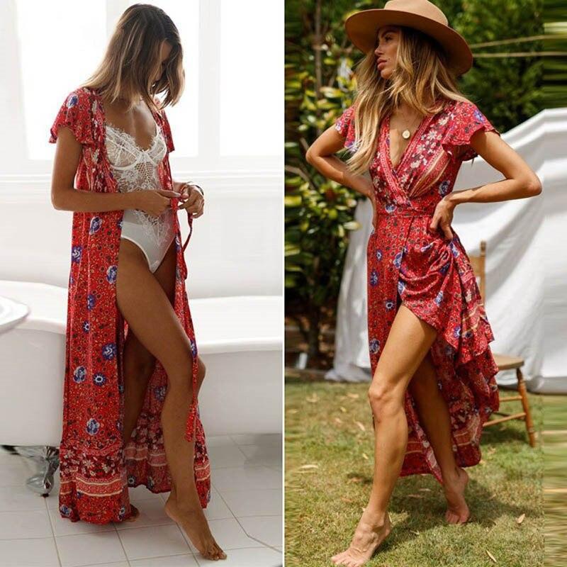 Short Sleeve Sweet Floral Print Boho Maxi Dress - V-Neck Wrap Dress - MomyMall