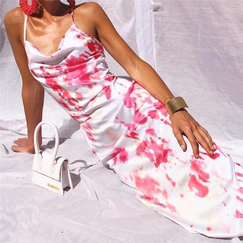 Satin Tie Dye Spaghetti Strap Maxi Slip Dress - MomyMall WHITE/RED / S