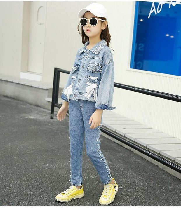 Girl Clothes Casual Korean Style Autumn Jeans Denim Suit Outfits 2 Pcs 4-14 Years - MomyMall