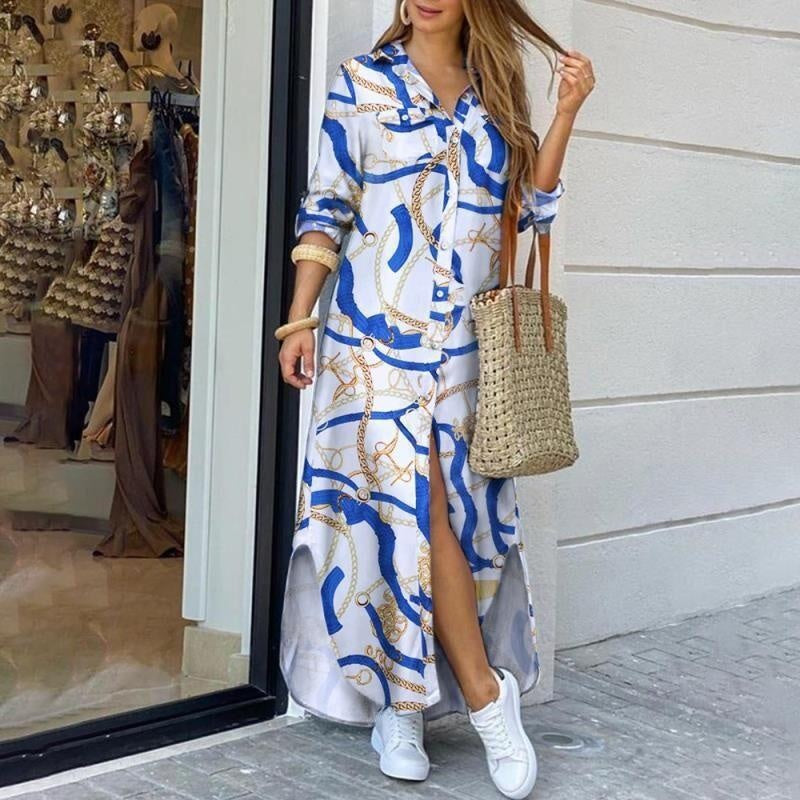 Split Hem Plus Size Long Sleeve Printed Maxi Shirt Dress