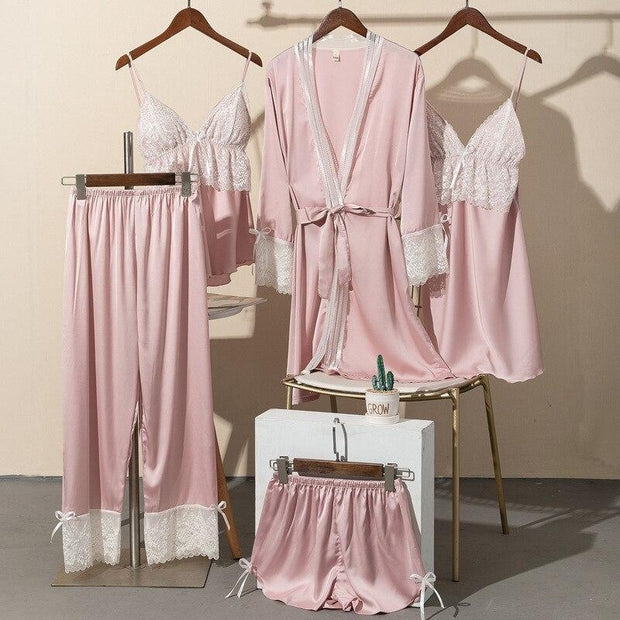5 Piece Lace Trim Pyjama Set With Self Tie Robe - MomyMall PINK / S