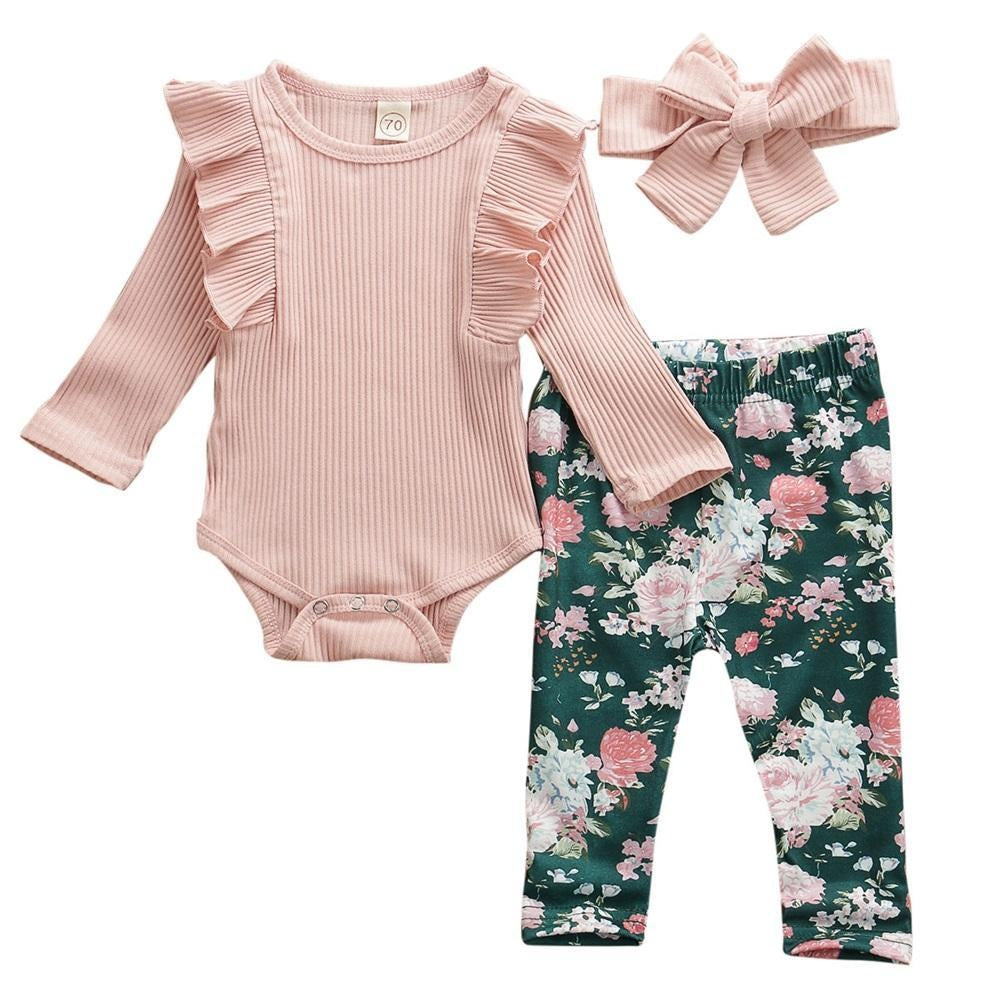 Baby Girl Solid Knitted Cotton Romper Tops Flower Print 3Pcs 0-3Years - MomyMall