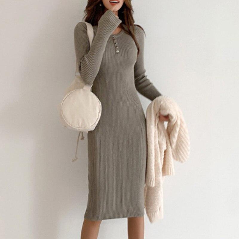 Rib Knit Bodycon Midi Dress - Long Sleeve Dress