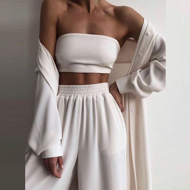 3 Piece Oversized Loungewear Set - Strapless Crop Top & Trousers Co Ord - MomyMall WHITE / S