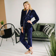 Velvet 2 Piece PJ Sleepwear Set With Self Tie Belt - MomyMall BLUE / S