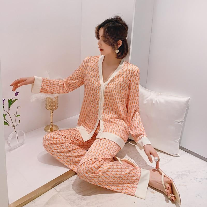 Satin Long Sleeve Geometric Print PJ Sleepwear Set - MomyMall ORANGE / S