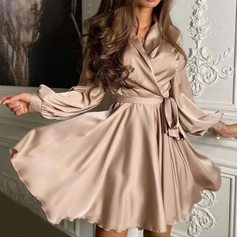 Plus Size V-Neck Satin Swing Dress With Belt - Lantern Sleeve Dress