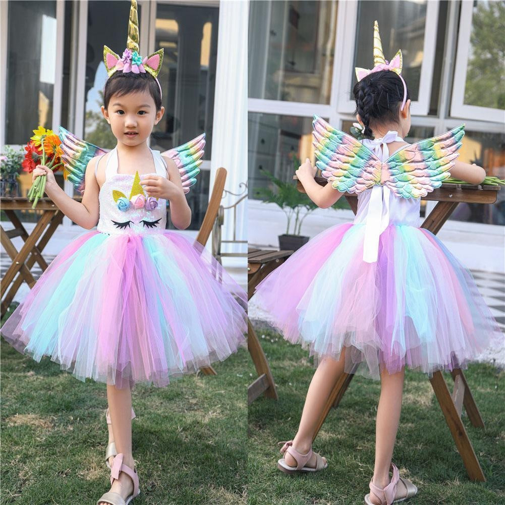 Girls Unicorn Birthday Tutu Sequin Pastel Dress With Headband Wing - MomyMall