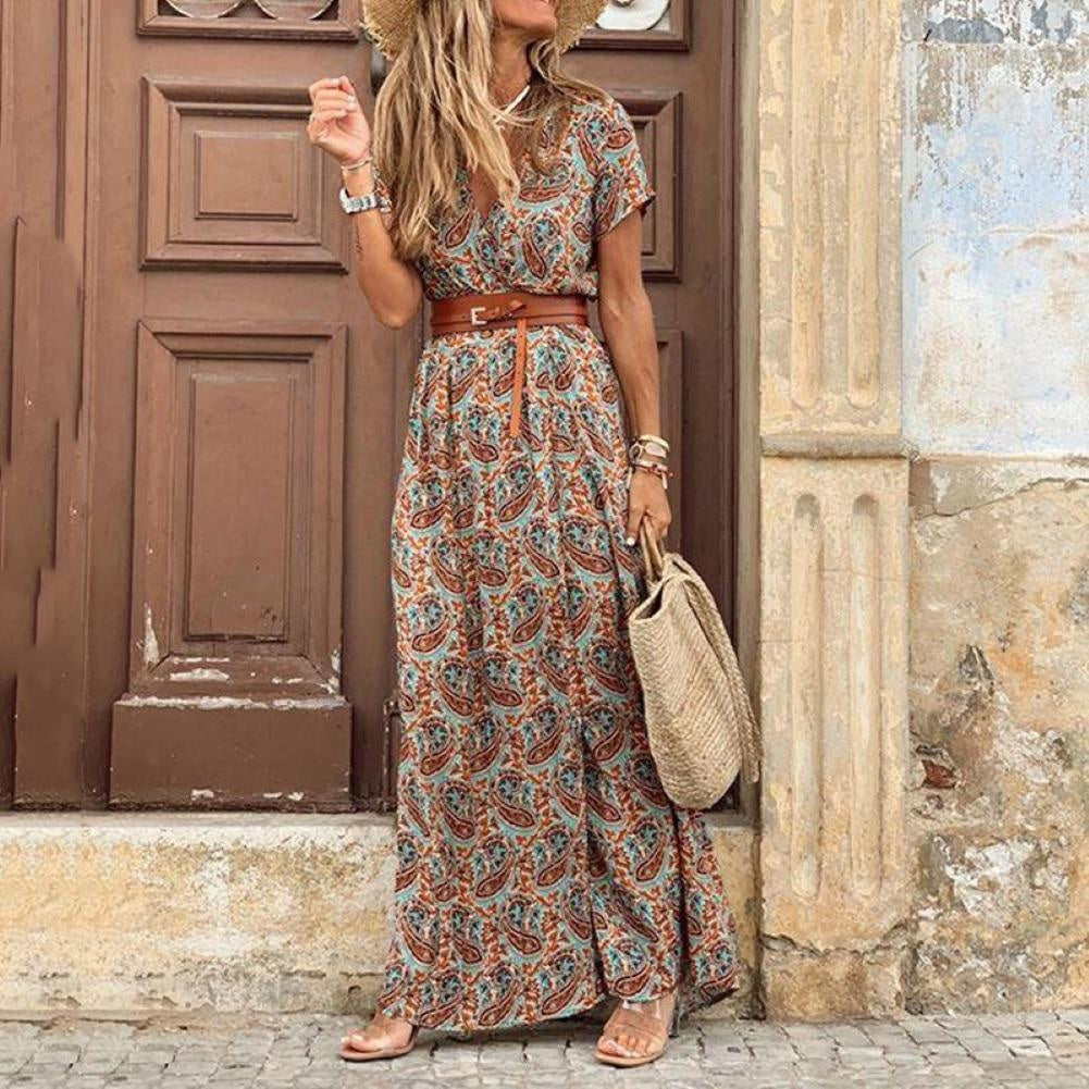 Short Sleeve Paisley Print Belted Maxi Dress With Belt & Side Split